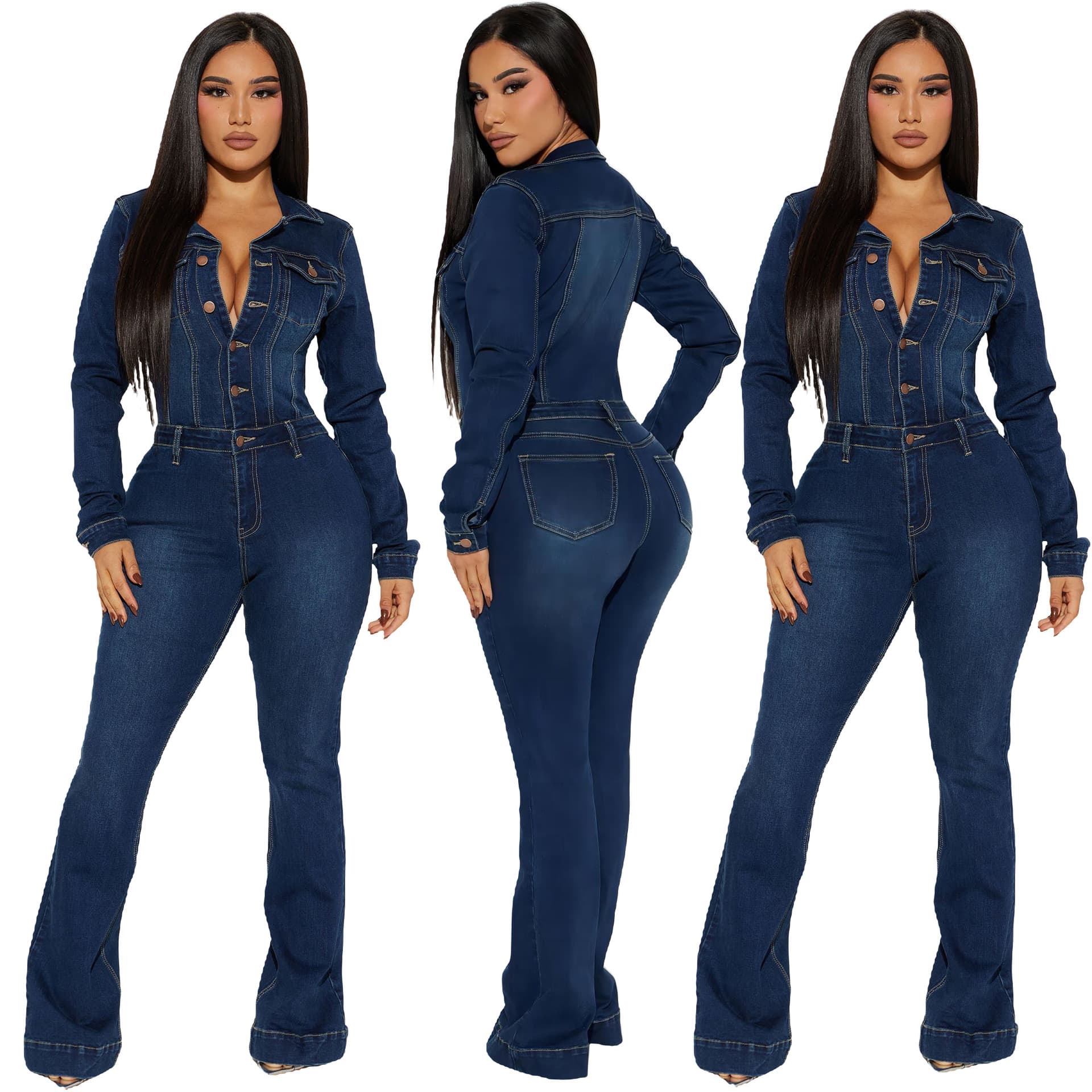 Women's Clothing slim elastic flared washed long sleeved denim jumpsuit jumpsuit