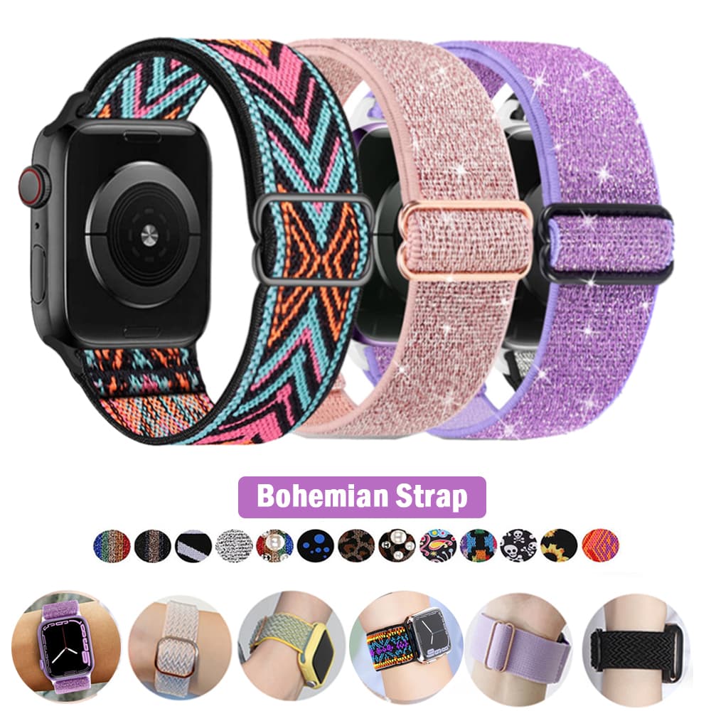 Bohemian Nylon Strap for Apple Watch ultra Series 8/7 49mm 41mm 45mm 38/42 Elastic Shiny Bracelet iWatch 6 5 4 3 Se Band 40/44mm