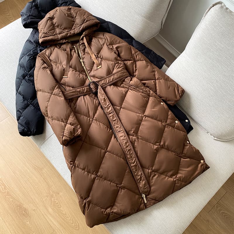 Women's Clothing Down jacket mid length hooded diamond belt high 90 white duck down loose Down Coat