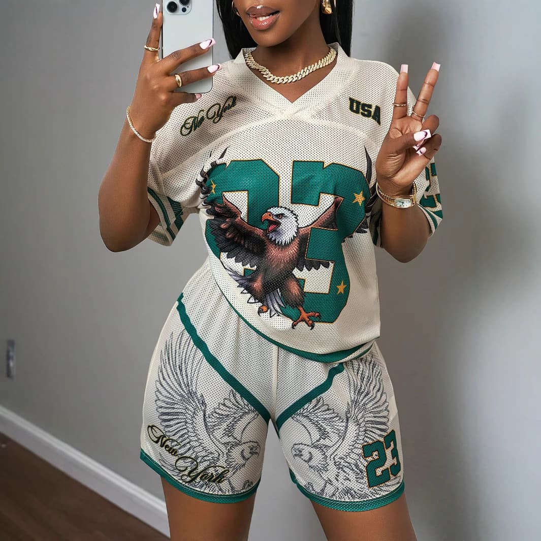 Fashion Street Trend Printed Loose Casual Short Sleeved Tops And Shorts Sports Suits For Women