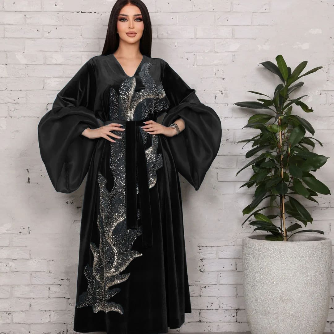 Women's Middle Eastern Muslim autumn and winter new style robe gold velvet dress three-dimensional sequin embroidered puff sleeves