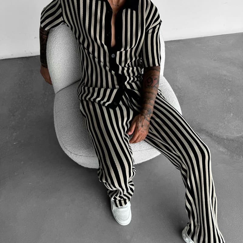Men's Clothing Men's Spring/Summer Two-Piece Set Collared Striped Casual Shirt And Trousers Style Short Sleeved