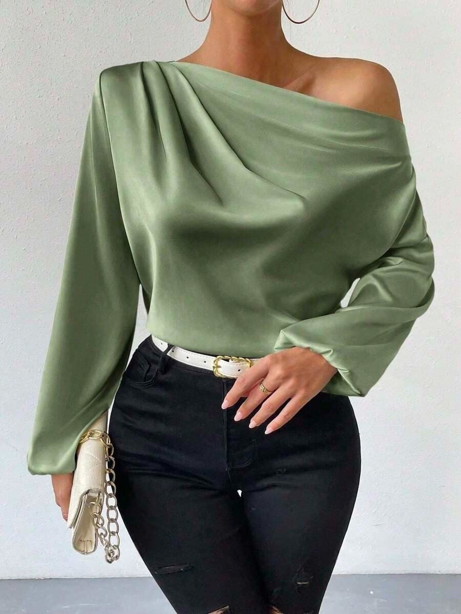 Shoulder Design Sleeve Shirt Women's Asymmetric Pullover Top Solid Color Satin Long