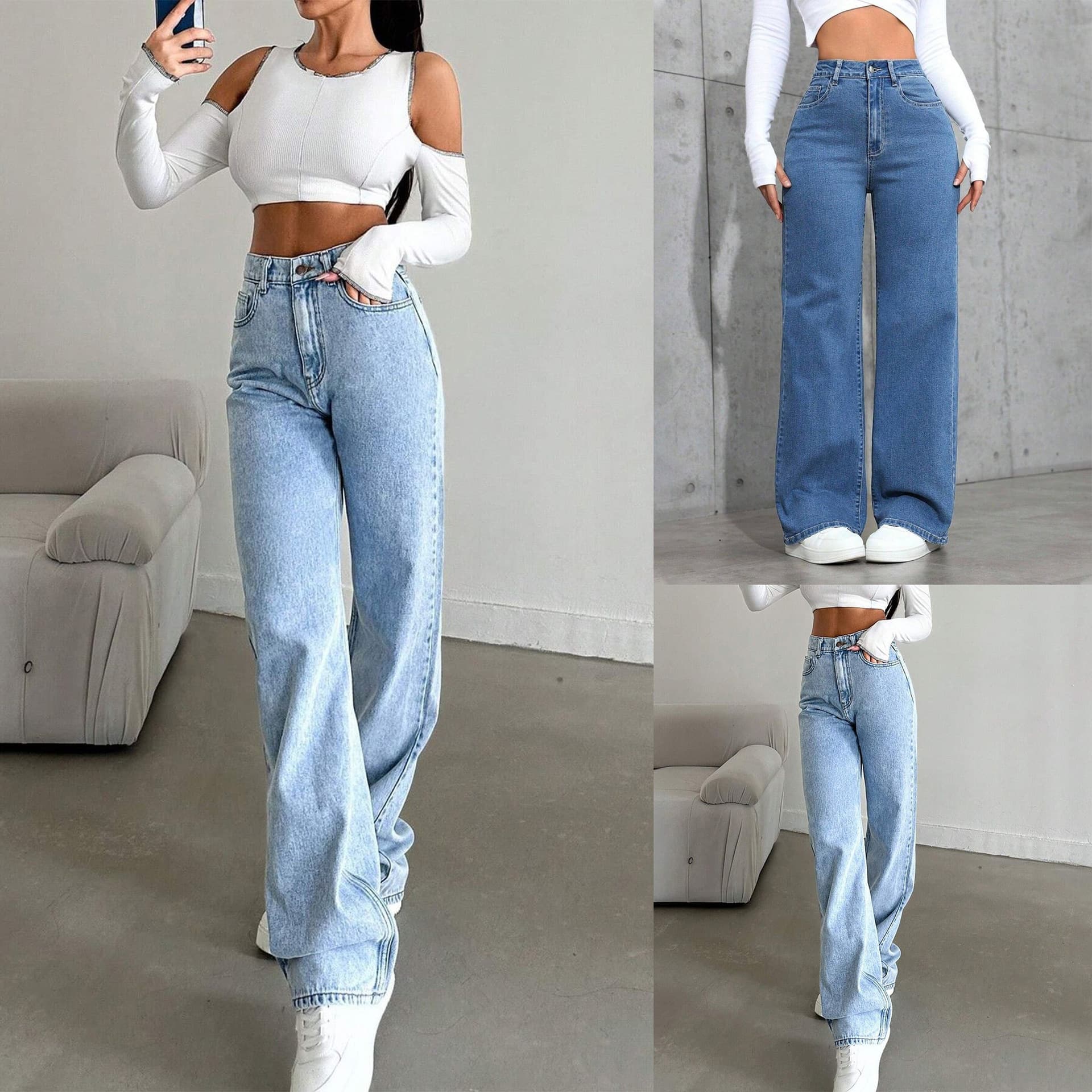 Women's Vintage Washed Denim Jeans – High-Waisted Loose Straight Leg Pants With Bow Detail (XS-XXL, Light Blue/Dark Blue, Streetwear Essential)