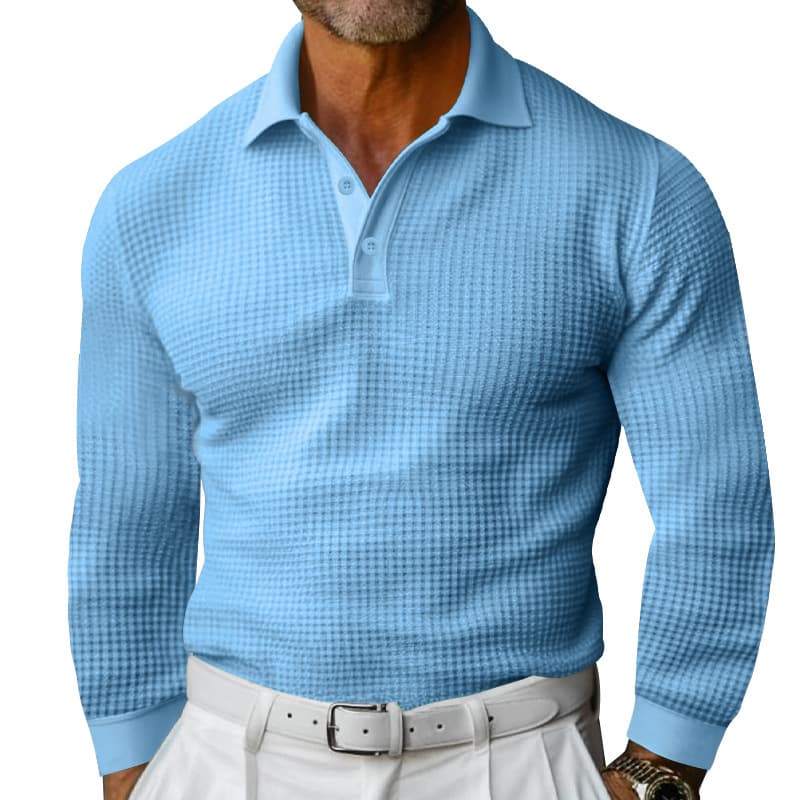 Men's Clothing T Shirt Waffle Lapel Button Slim Long Sleeved Polo Shirt Men
