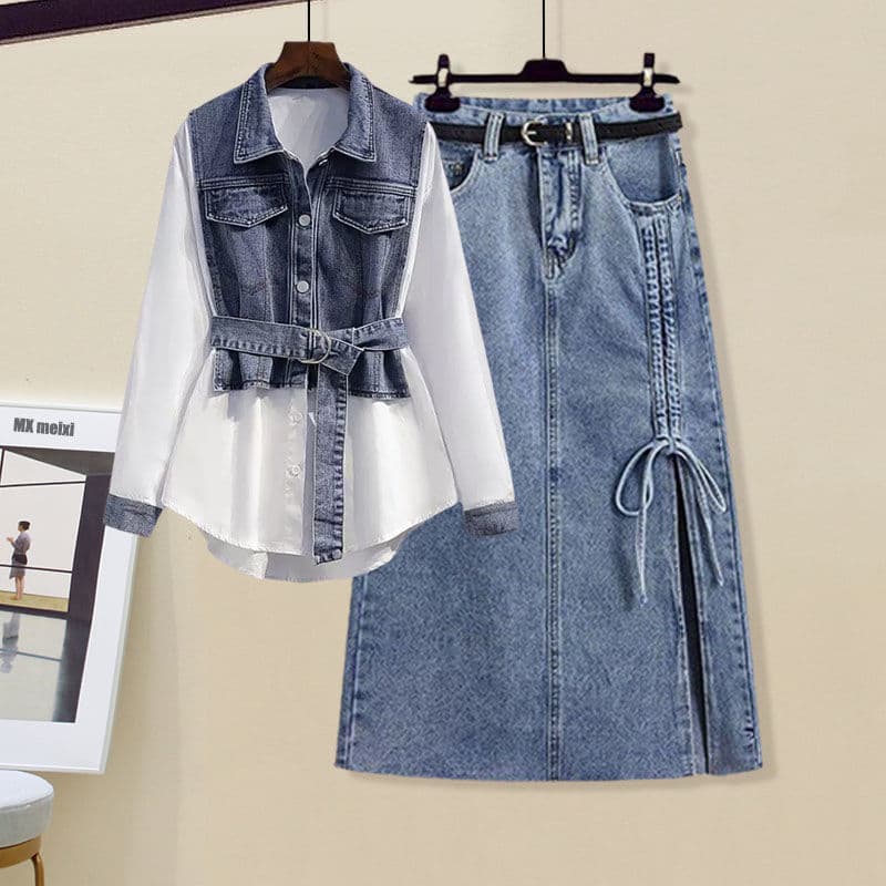 Women's Clothing Spring Gentle Outfit For Women New Style Slim All Match Waist Shirt Denim Skirt Two Piece Suit