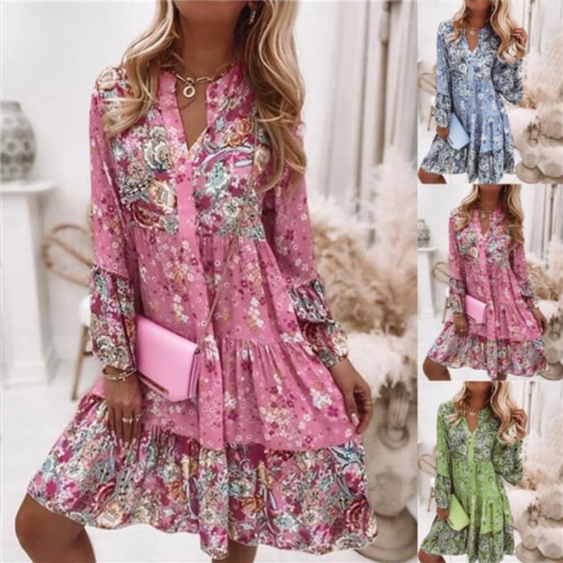 long-sleeved women's V-neck temperament large size dress