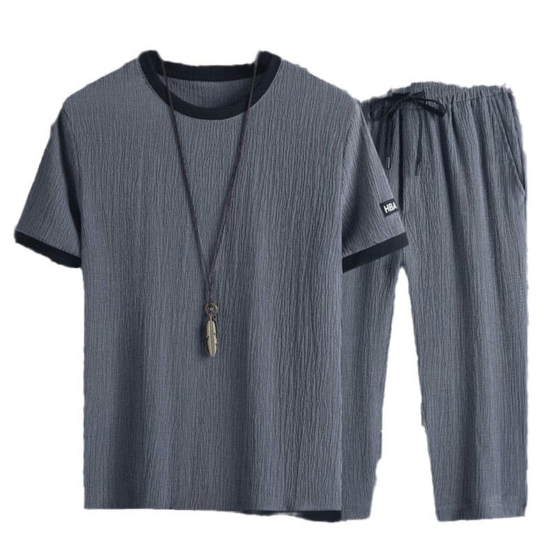 Men's Ice Silk Suit Loose Casual Sports a Complete Set Of Men's Short-Sleeved T-Shirt Cropped Shorts Two-Piece Suit