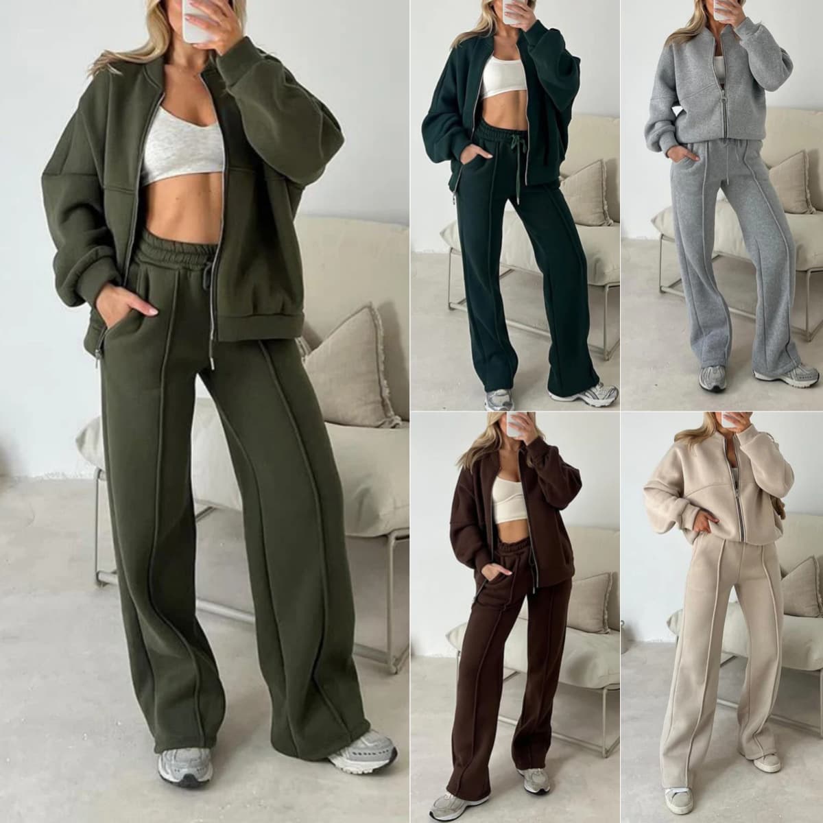 Women's Clothing New Fashion Casual Suit Solid Color Long Sleeved Sweatshirt Zipper Trousers Two Piece Suit