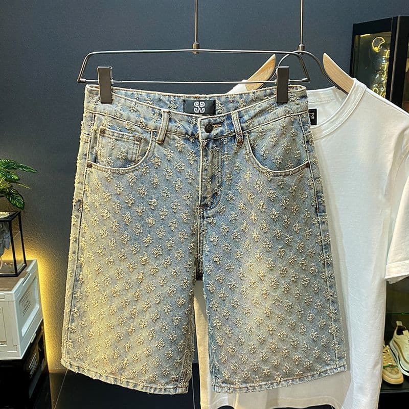 American Style Scraped Trendy Brand Handsome Denim Shorts Men's Loose Straight Casual Five Point Pants Boys Summer Thin
