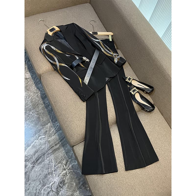 Women's Clothing celebrity temperament colored diamond hot diamond belt suit flared pants suit two pieces