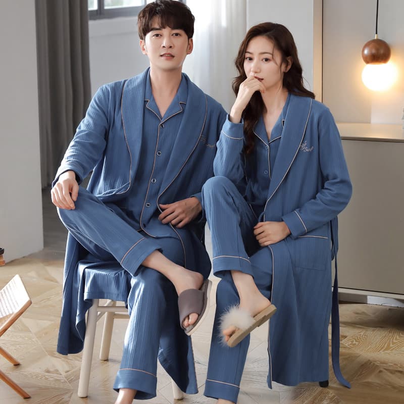 Couple pajamas women's spring and autumn pure cotton long-sleeved autumn men's nightgown large size bathrobe three-piece suit home clothes
