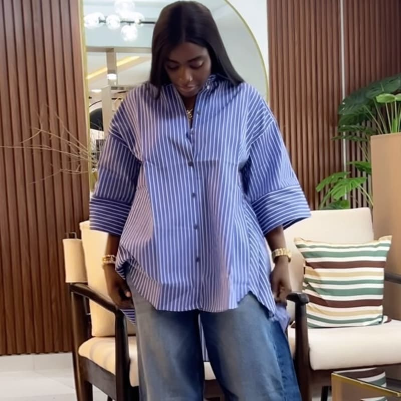 ​​Women’s Oversized Blue Striped Long-Sleeve Shirt Summer Trendy Loose Fit Blouse, Slimming & Stylish​​