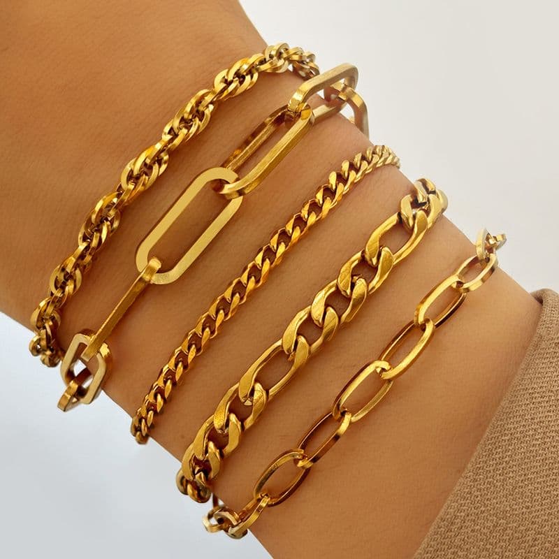 Stainless Steel Bohemian Minimalist Metal Women's Set With 5 Multi-layer Chain Bracelets