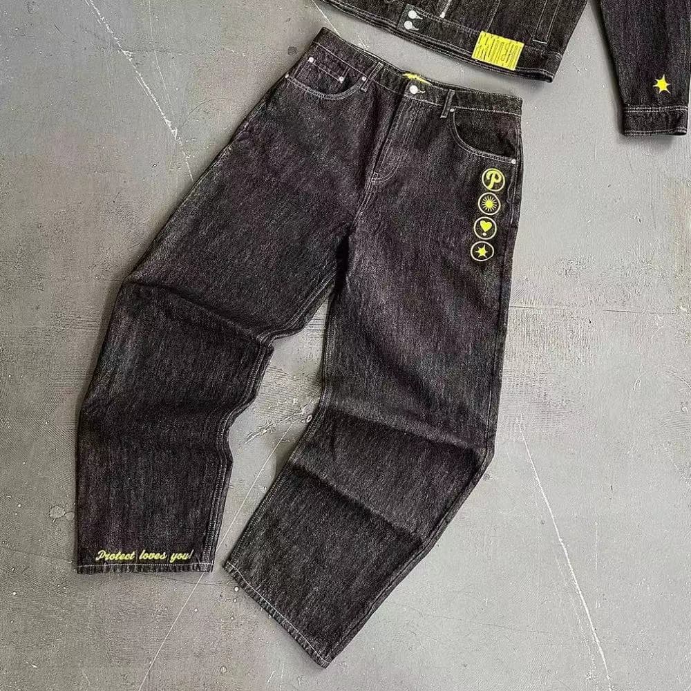 Men's Clothing hip-hop printed jeans for men in autumn and winter new high street niche brand loose straight wide-leg trousers