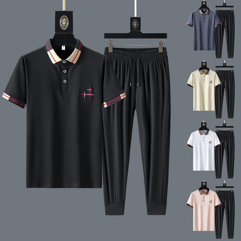 Men's Clothing Men's Summer Ice Silk Breathable Casual Sports Suit Slim Fit Fashion Round Neck Short Sleeve Polo Shirt Stretch Quick Drying Pants