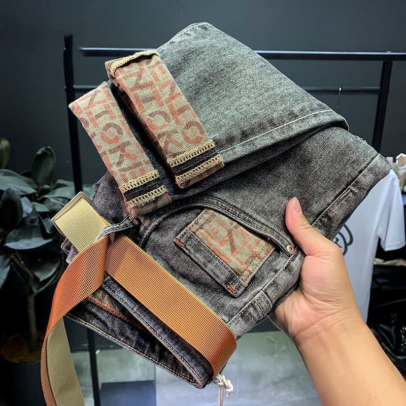 Trendy Embroidered Printed Pants, Jeans, Men's 2024 Spring Autumn New Style, Slimming and Casual Shorts