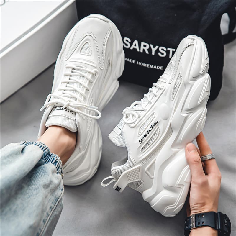 Men's spring all-match leisure shoes for teenagers running, non-slip travel sports, thick soles, height-enhancing white daddy fashion shoes