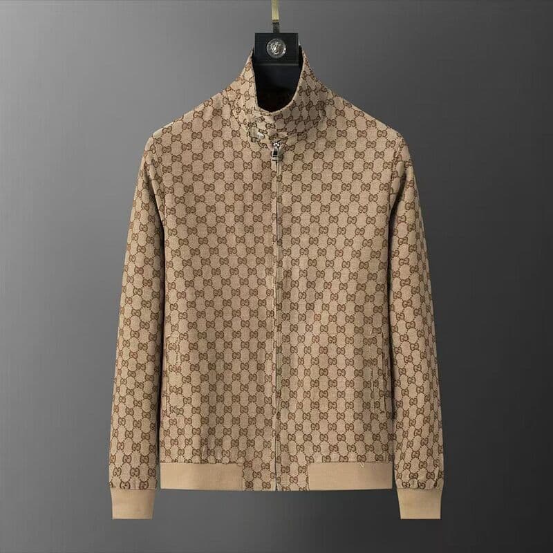 Veste de créateur de luxe 56049 # Gu*Cci Automne/Hiver 2025, nouvelle veste à col montant, motif jacquard GG, site officiel, tailles M à 3XL, kaki