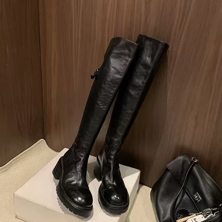 Sheii Su Yinyin Annual Combat ~ Round Toe Wrinkled Thick Heel Mid-Calf Women's Riding Boots