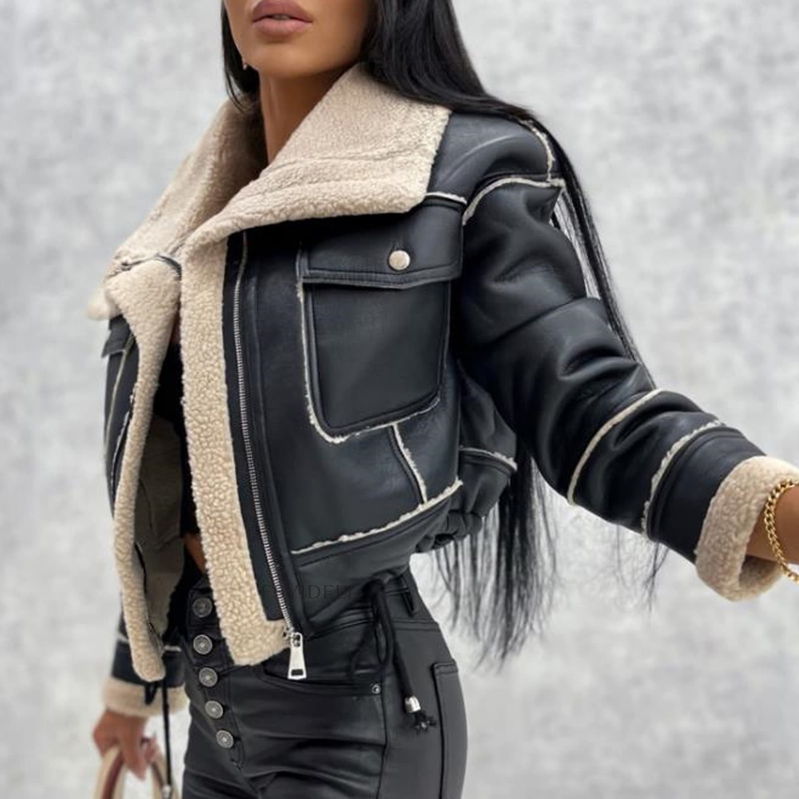 ​​Women's Faux Leather & Fleece Bomber Jacket - Short Zip-Up Biker Coat With Shearling Collar (Black, Khaki, Beige)​​