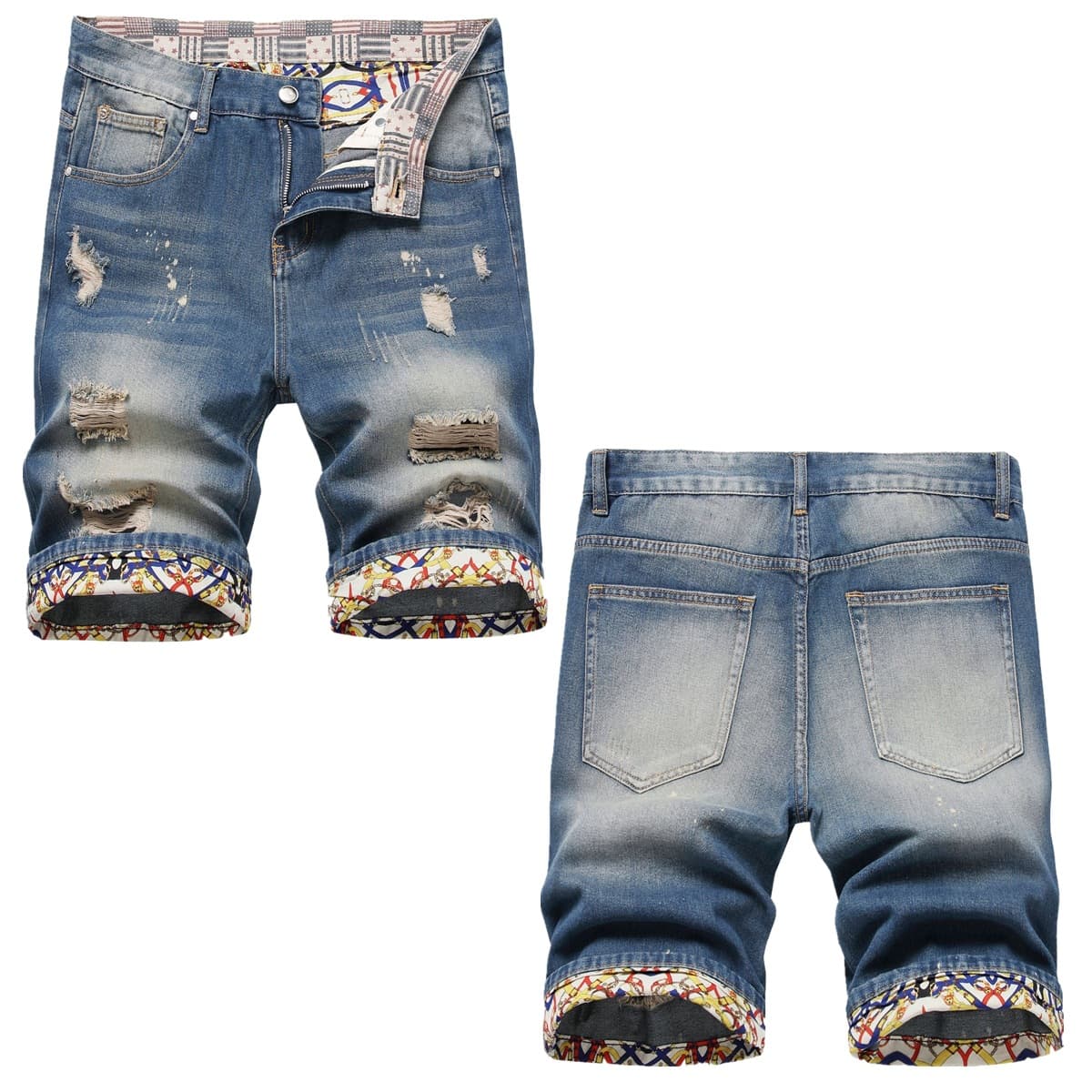 Men's Spot summer new style frayed ripped men's five-point jeans trendy slim straight mid-waist pants