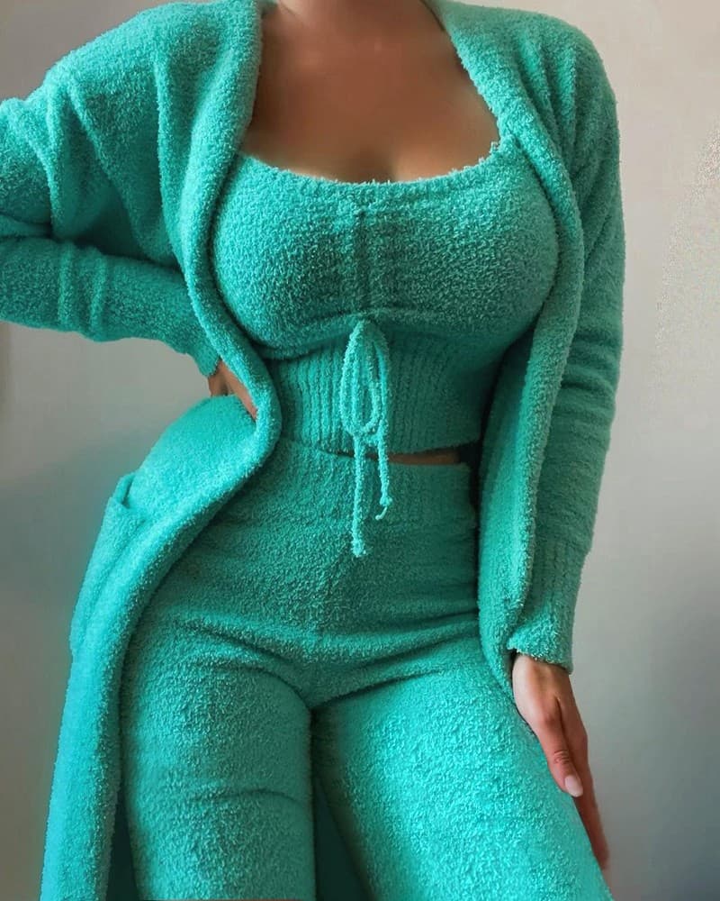 women's clothing, fashionable and casual plush lace-up cardigan 3-piece trousers suit
