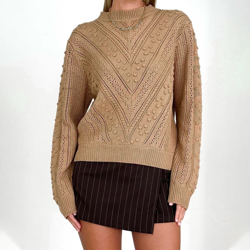 Women's Clothing fashion round neck jacquard sweater simple advanced solid color autumn sweater top
