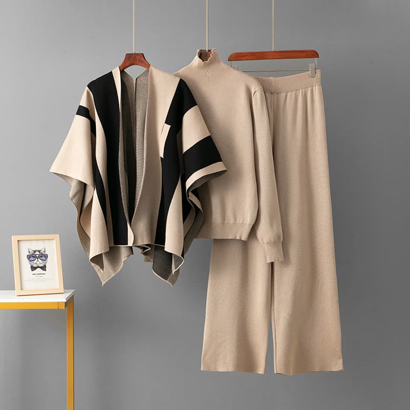 Ensemble en maille d'inspiration française pour femme – Gilet oversize, pull rayé et pantalon large (Taille unique, mélange de rayonne)