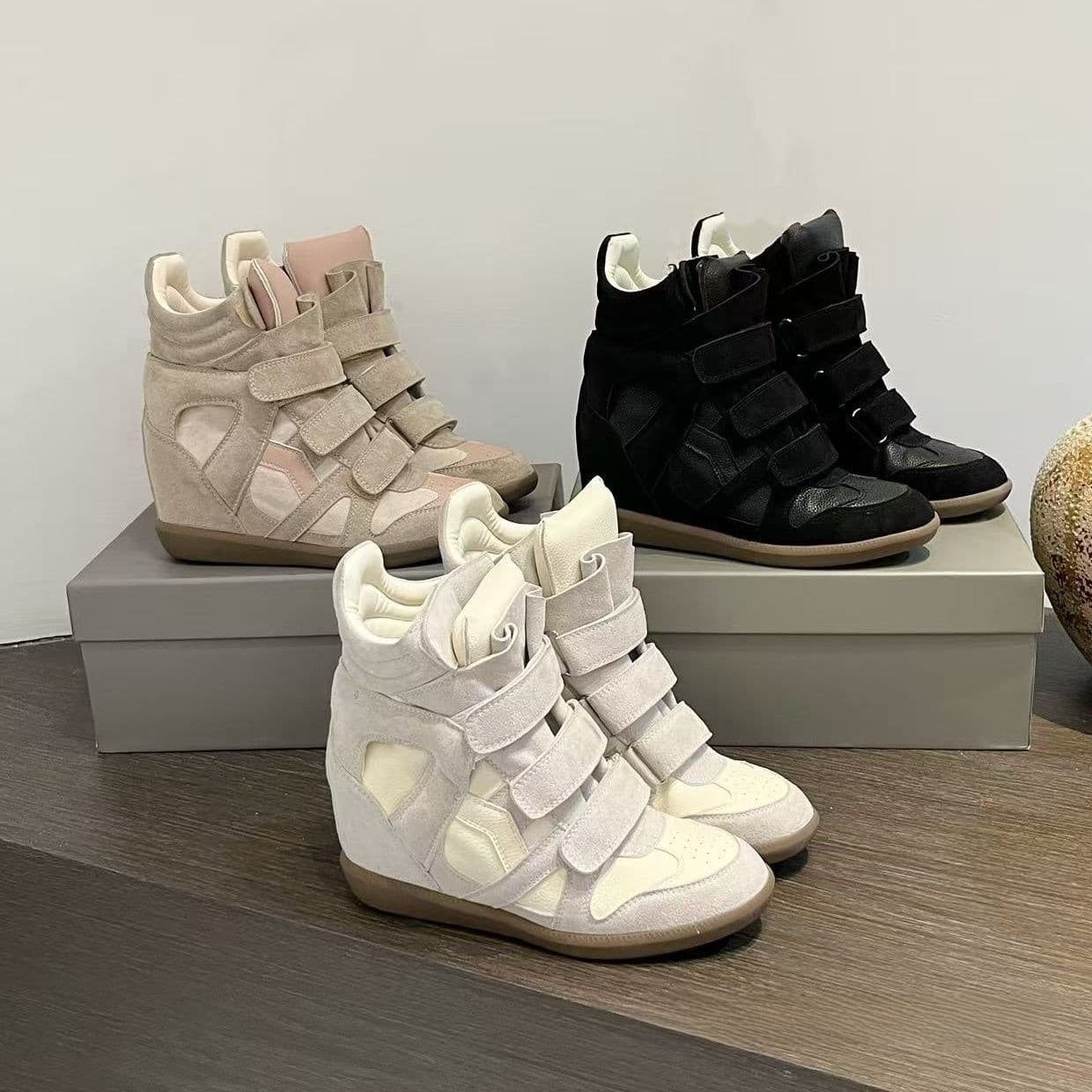 Women S High Top Casual Thick Bottom Heightening Magic Tape Sports Shoes Spring Season Comfortable Rubber Sole