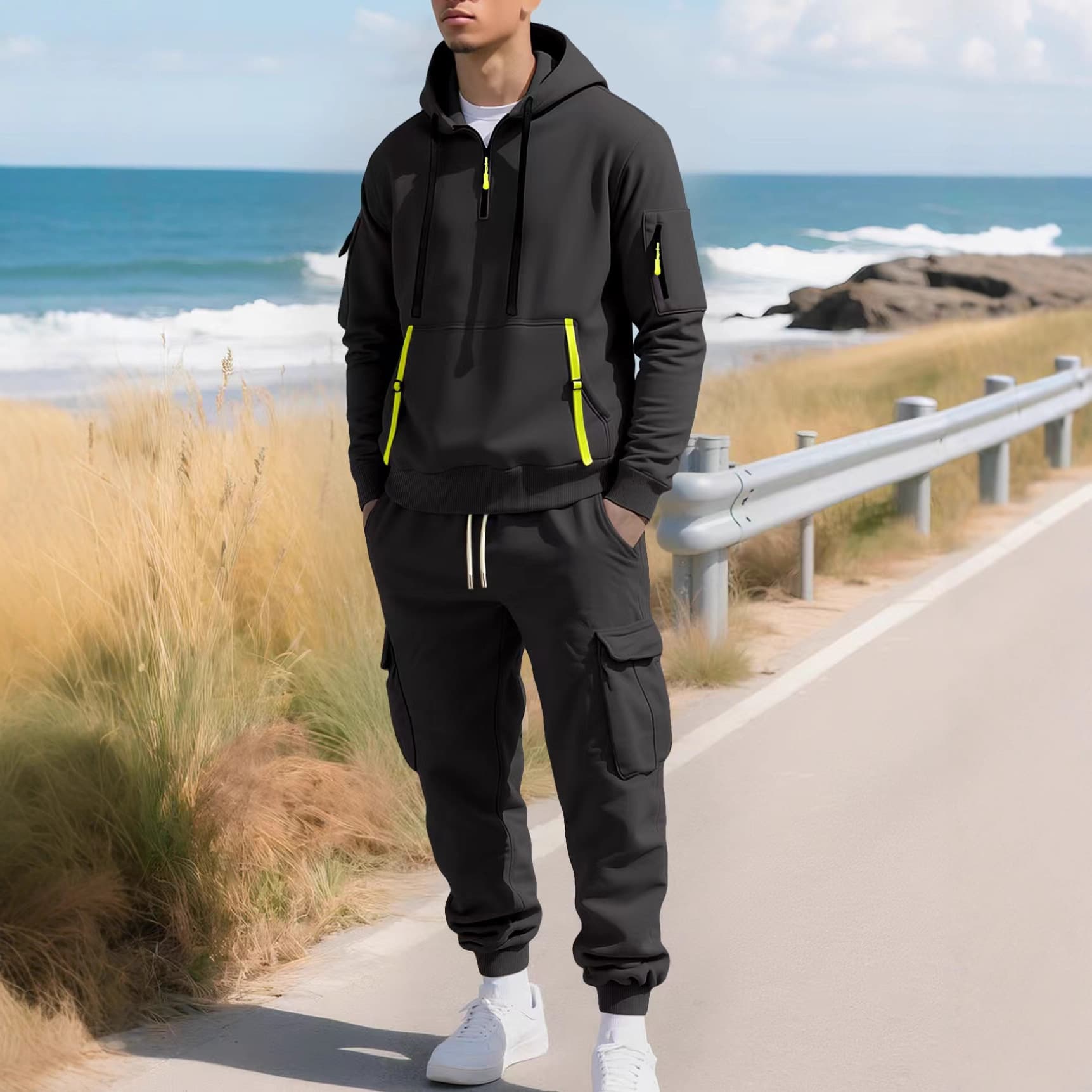Men's Fleece-Lined Hoodie & Cargo Pants Set – Streetwear Utility For Urban Explorers & Outdoor Adventures
