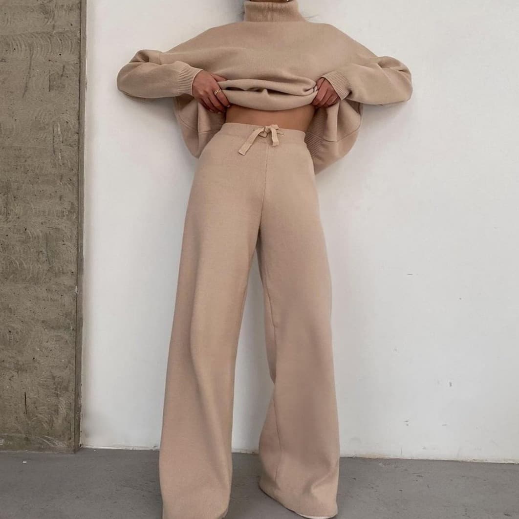 Women's Clothing Autumn and Winter New Knitted Lace Up Fashion Casual Suit Two piece Set for Women