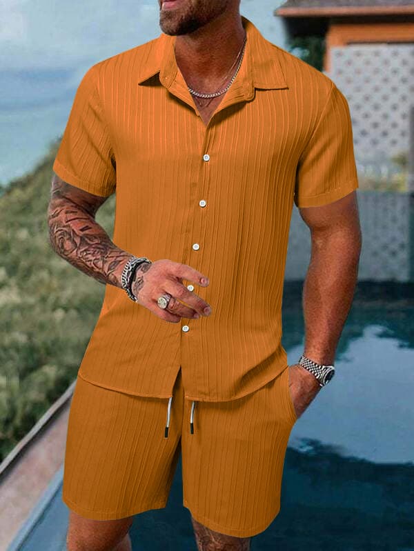 Chemise à revers rayée pour hommes, short, costume de sport décontracté à la mode