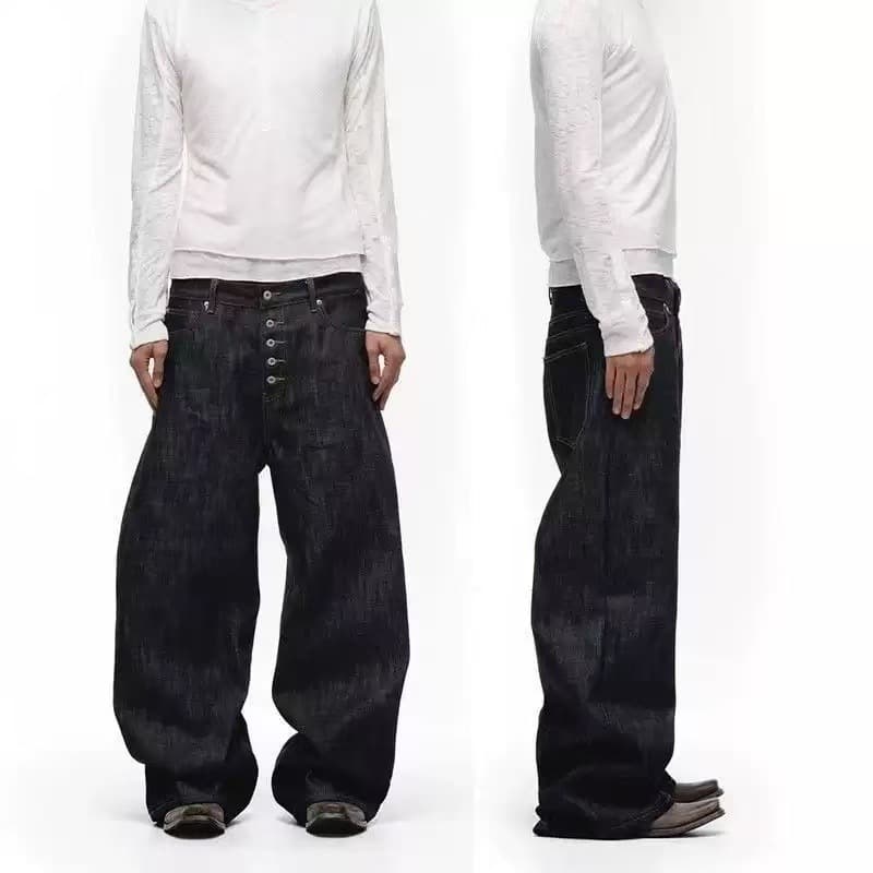 Raw Denim 5-Button Jeans – Unwashed 14oz A-Line Baggy Trousers (Stiff Straight-Leg For Authentic Fade)