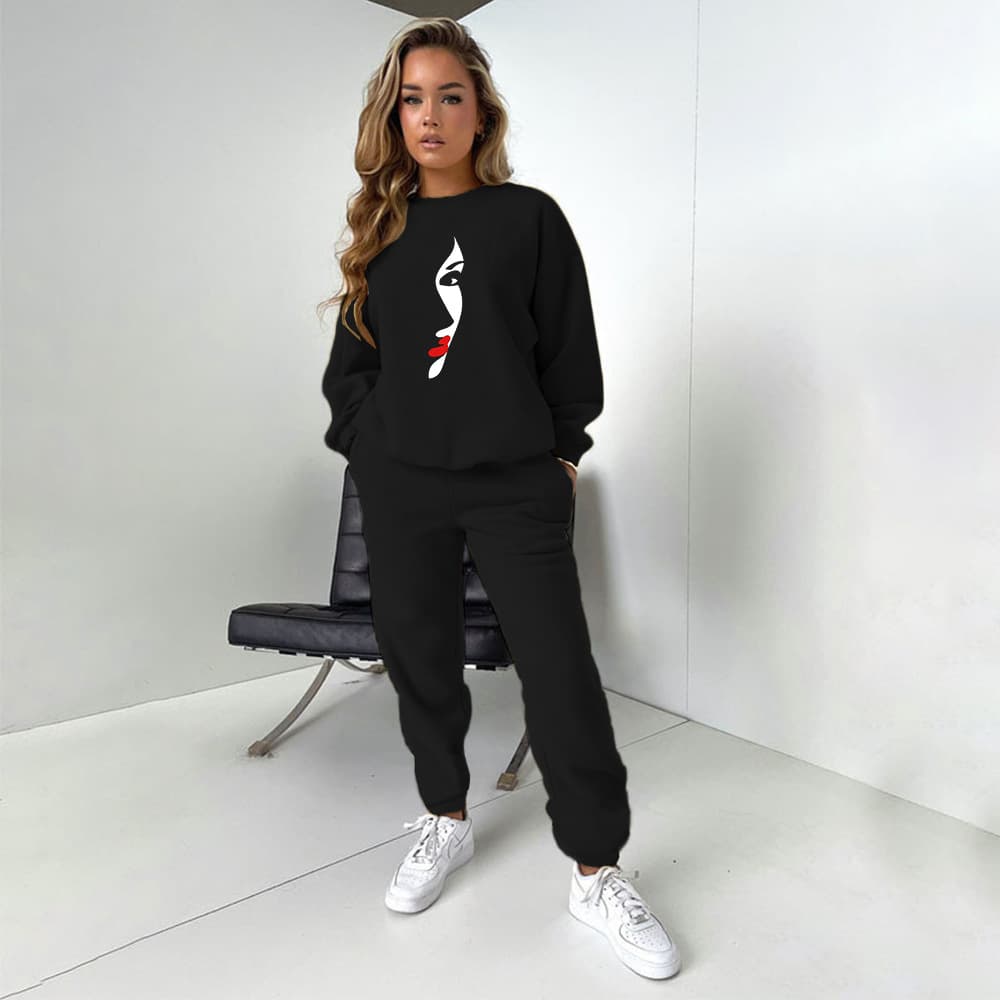 Women's ins printed crew-neck hoodie two-piece set