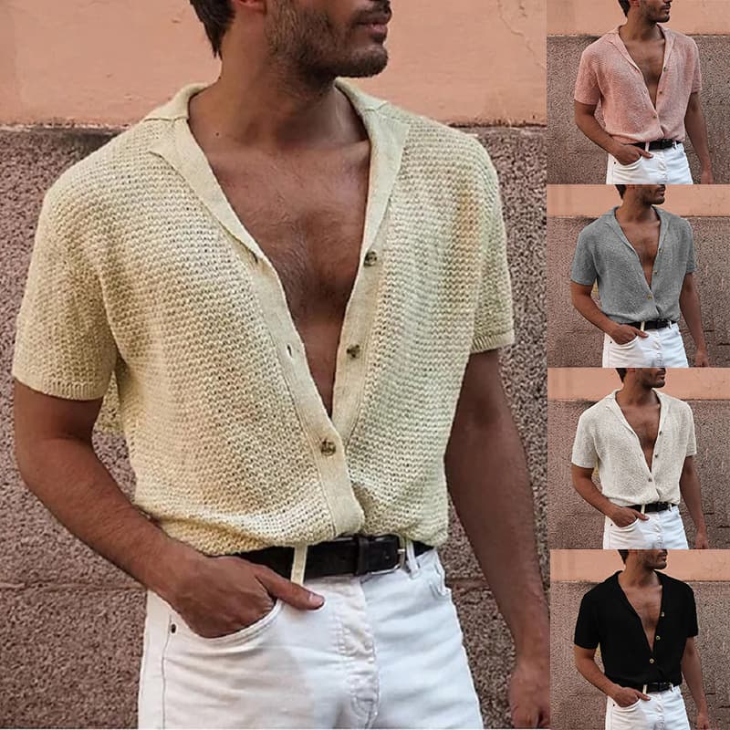 Men's Clothing fashion men's cardigan casual lapel short sleeved top knitted single breasted cardigan men's sweater