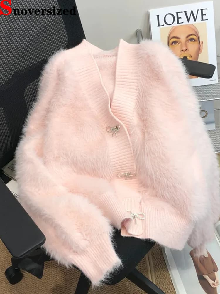 Elegant Imitation Mink Knitted Cropped Top Female Korean Spring Fall Chic Soft Cardigan Slim Casual Knitewear Bow