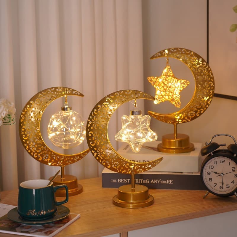LED Moon & Star Decorative Lamp, Iron Craft Night Light For Bedroom, Ramadan & Muslim Holiday Decor, Warm White Battery-Operated