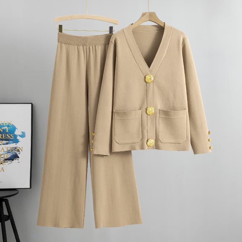 Women's Clothing goods casual fashion two piece suit for women autumn and winter versatile metal buckle knitted cardigan sweater wide leg pants suit