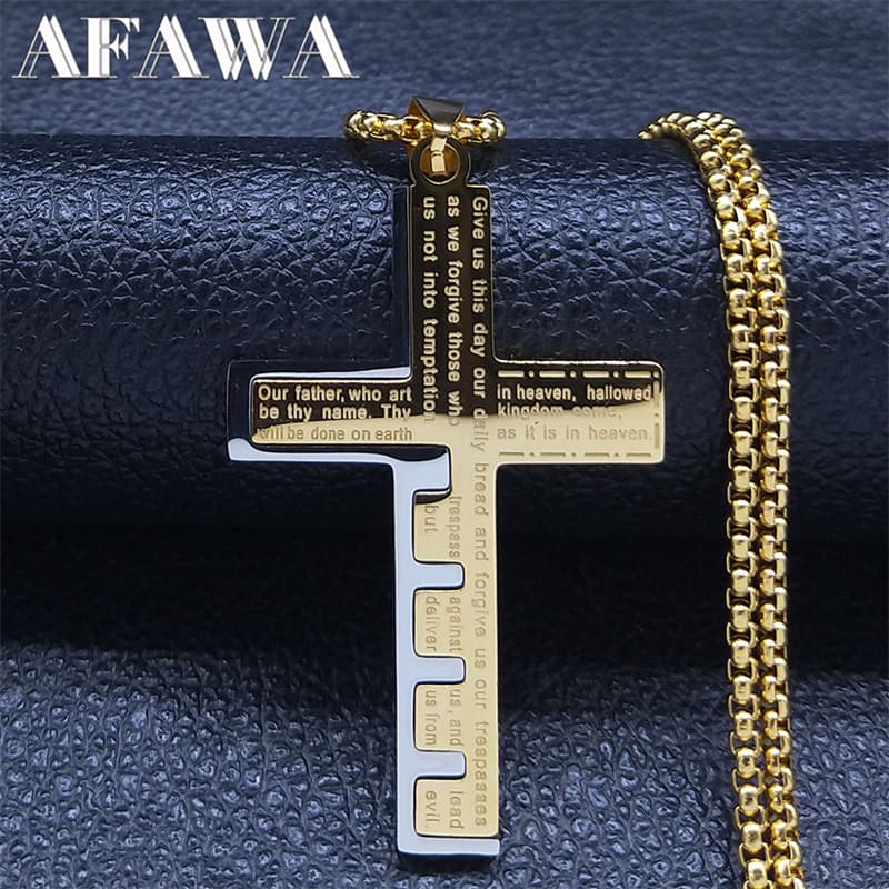 Cross Christian Church Prayer Necklace Men Stainless Steel Gold Color Bible Amulet Necklaces Jewelry colar masculino