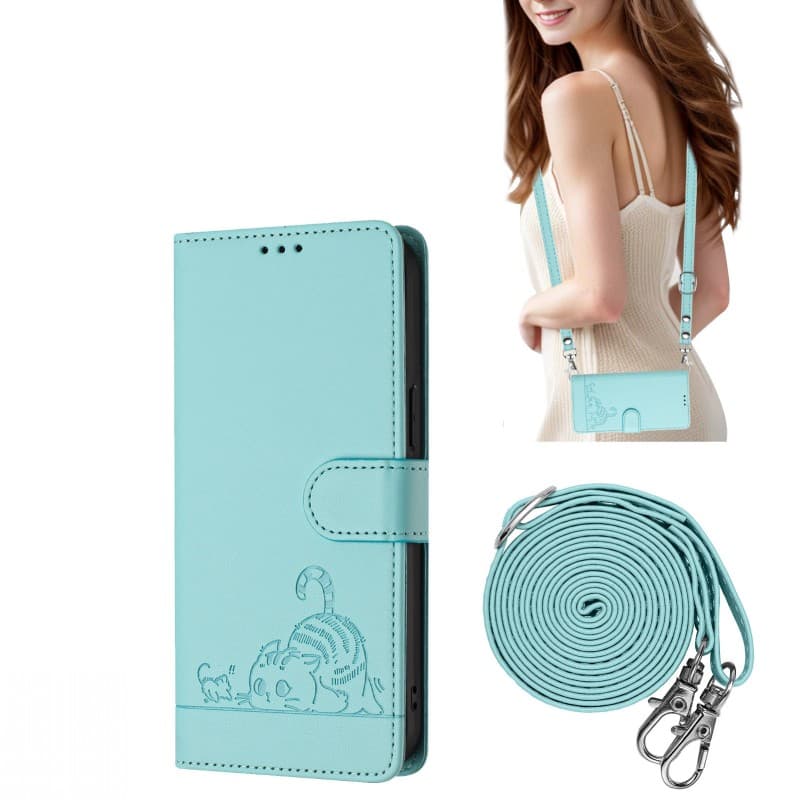 Crossbody Strap Case For Samsung Galaxy S24 Ultra S23 Plus S22 S21 S20 FE A55 Cute Cat Leather Flip Wallet Card Necklace