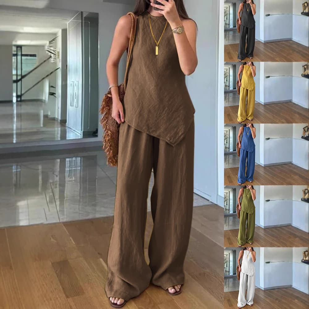 Women's Clothing Casual Round Neck Pullover Sleeveless Plus Pocket Trousers Cotton Multi Color Suit