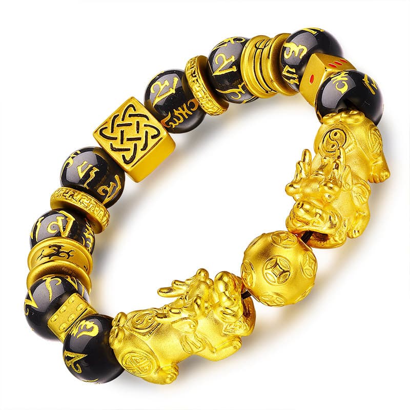 Unisex gold brave bracelet fortune dice large domineering six-character mantra obsidian bracelet