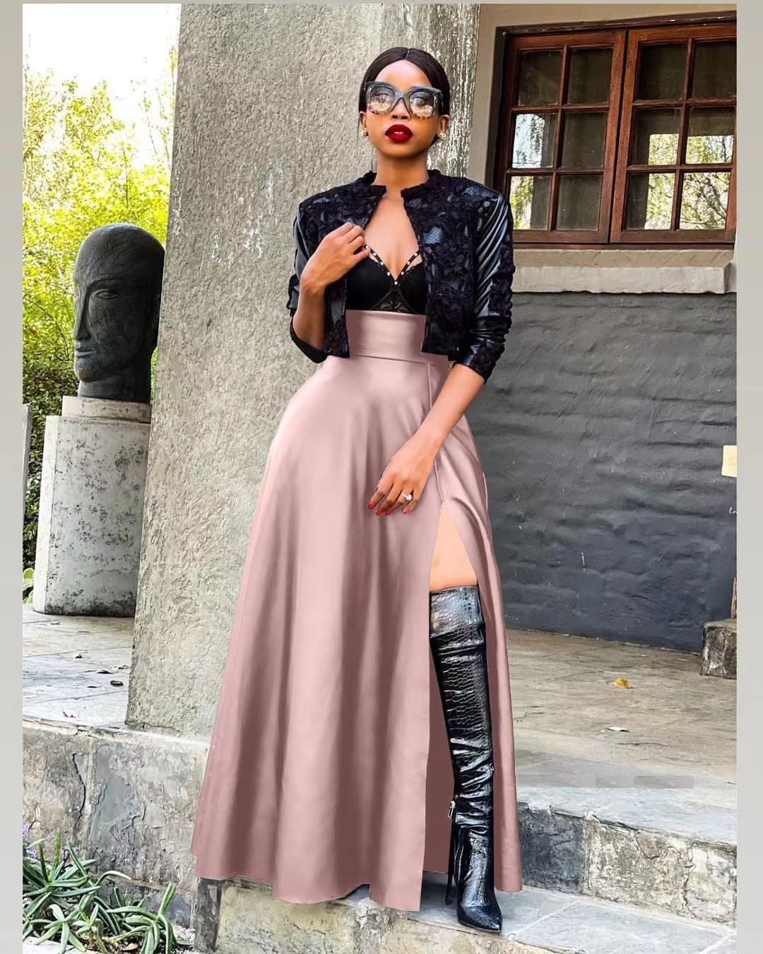 Women'S Sexy Leather Clothes High Slit Irregular Skirt Leather Skirt