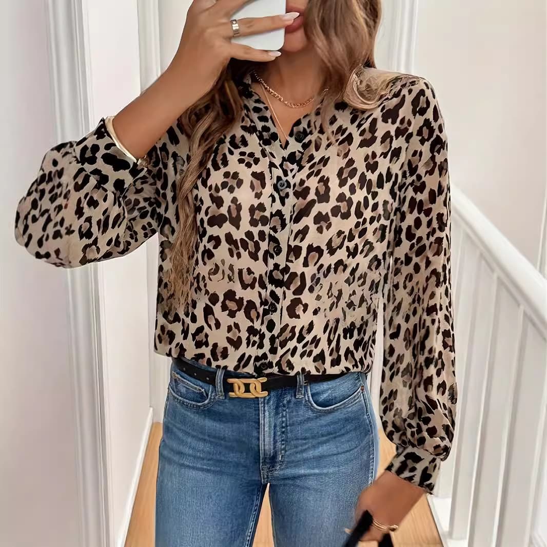 Women's Clothing Stylish Leopard Print Long Sleeve Shirt - Oversized Loose Fit Casual Blouse For Women & Men, Soft Polyester Spandex Blend