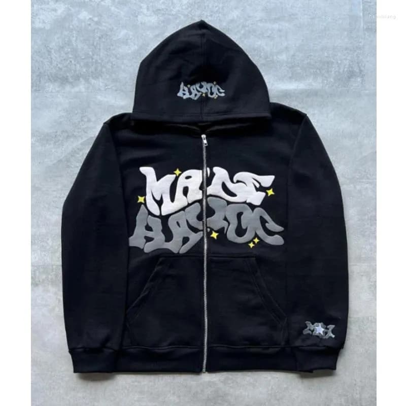 Men's Hoodies Retro Letter Printed American High Street Zip Up Oversized Sweatshirts Hip Hop Long Sleeve Jacket Coats