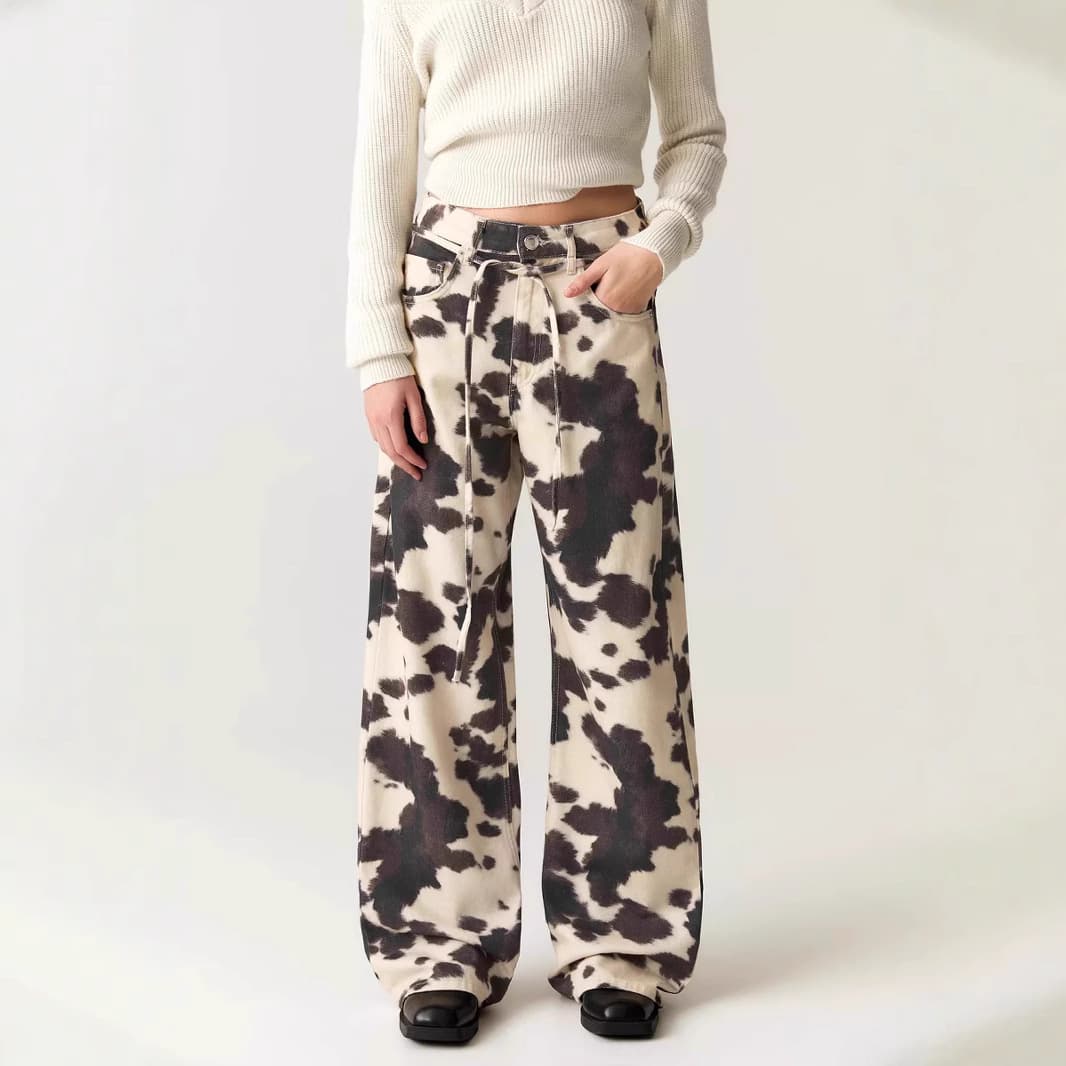 Women's Clothing Retro Cow Pattern Washed Jeans Old Vintage Loose Straight Pants