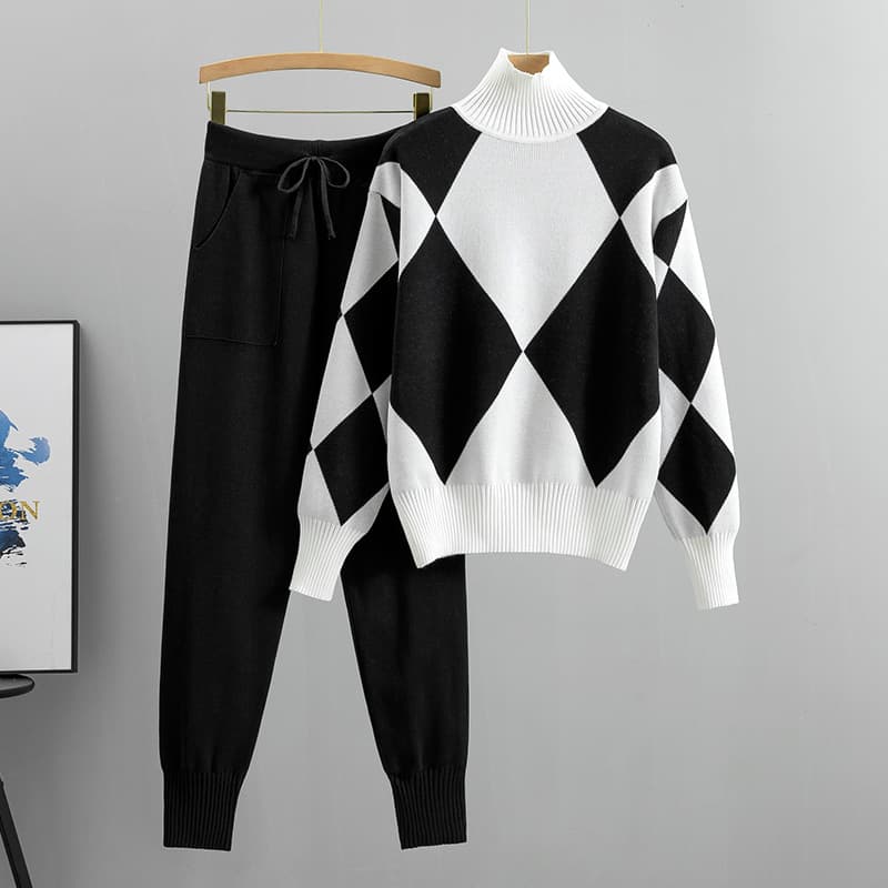Women's autumn and winter new casual knitted plaid sweater two-piece set