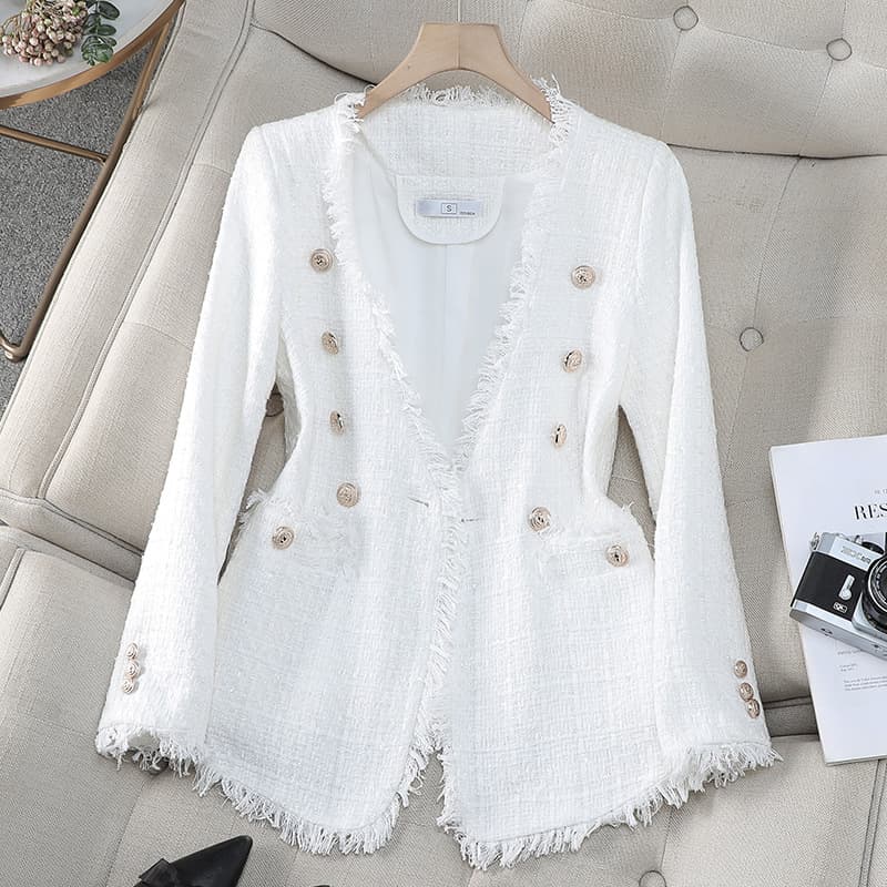 Women's Clothing ​Elegant French-Inspired Women's Blazer With V-Neck & Double Breasted Buttons - Tweed Jacket For Office & Evening Wear​