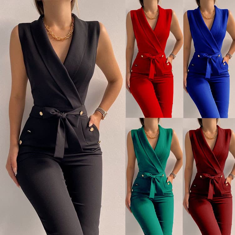 Women's Spring And Summer Twist-button V-neck Sleeveless Slim Fit Professional Jumpsuits